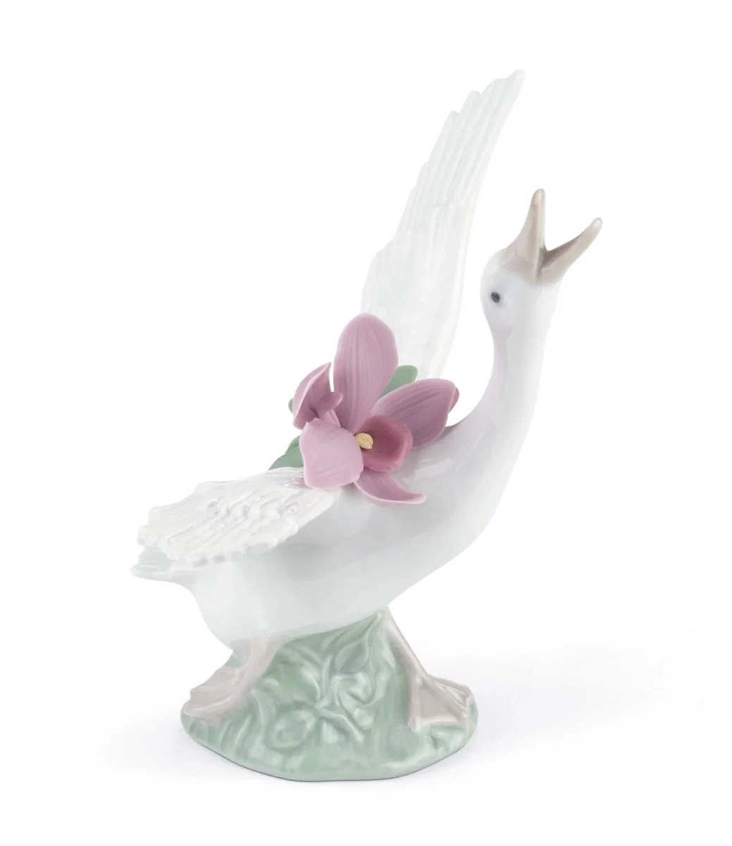 Running Duck With Pink Orchid by Lladro — Porcelain Figurine