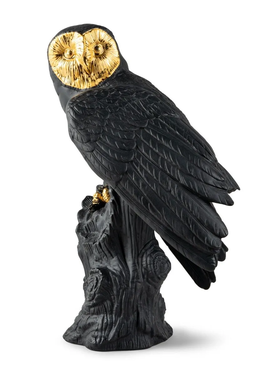 Owl Sculpture. Black-gold. Limited Edition by Lladro — Porcelain Figurine