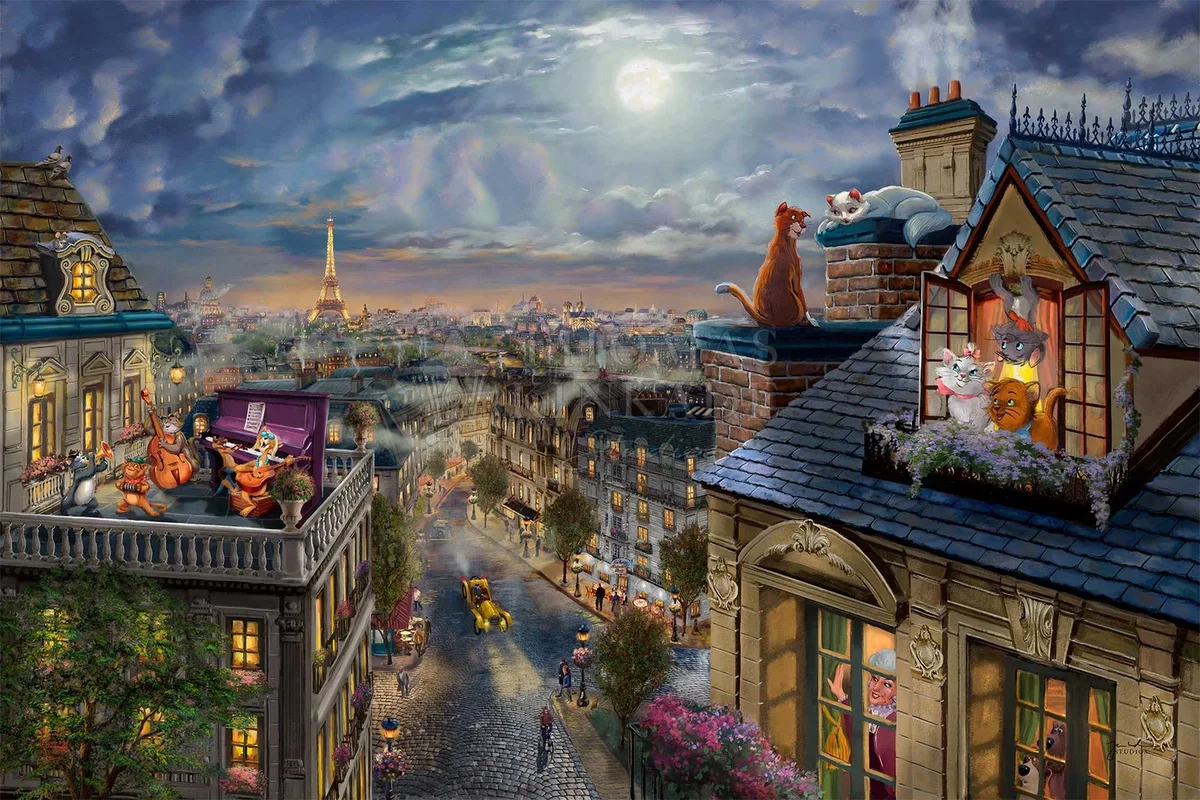 The Aristocats - Love Under the Moon by Thomas Kinkade Disney — Giclee On Canvas