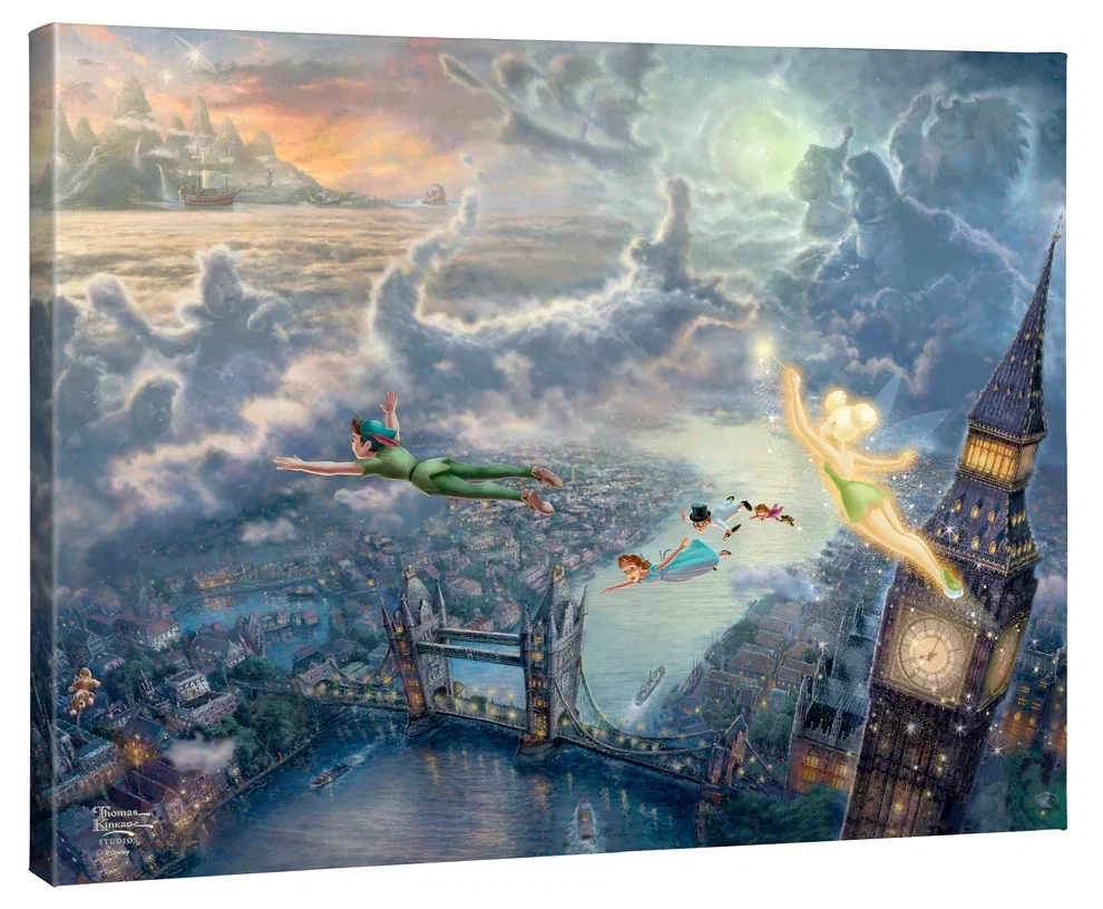 Tinker Bell and Peter Pan Fly to Never Land by Thomas Kinkade Disney — Gallery Wrapped Giclee On Canvas