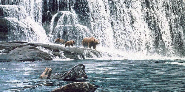 GRIZZLIES AT THE FALLS by Ron Parker — Lithograph