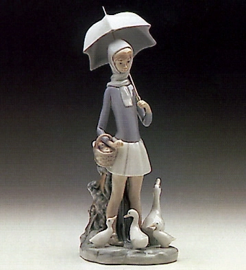 Lladro - Girl With Umberella And Geese - Open Box