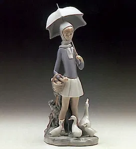 Lladro - Girl With Umberella And Geese - Open Box