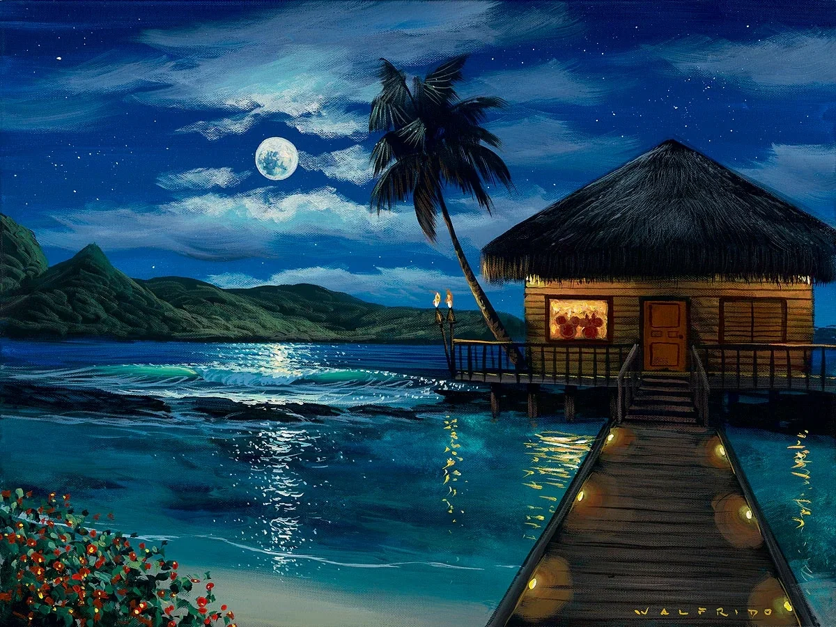 Moonlit Bungalow by Walfrido Garcia — Hand-Embellished Giclee on Canvas