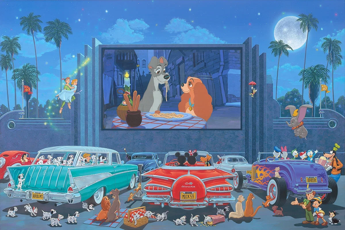 A Night at the Movies - From Disney Lady and The Tramp by Manuel Hernandez — Hand-Embellished Giclee on Canvas