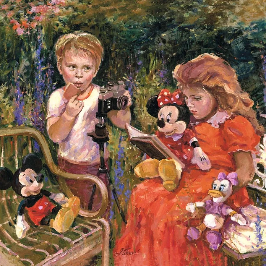 Reading to Minnie by Irene Sheri — Hand-Embellished Giclee on Canvas
