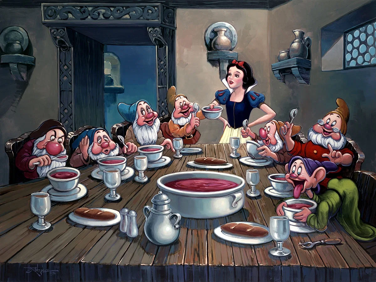Soup for Seven From Snow White and the Seven Dwarfs by Rodel Gonzalez — Hand-Embellished Giclee on Canvas
