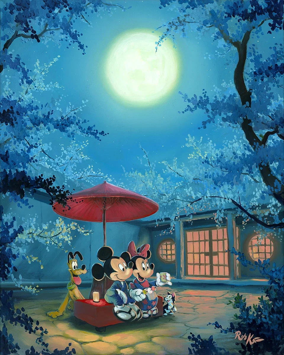 Summer Night Mickey Minnie and Pluto by Rob Kaz — Hand-Embellished Giclee on Canvas