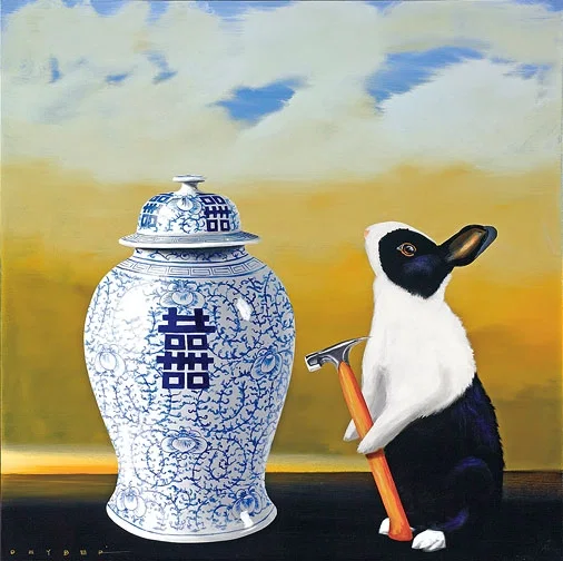Bad Hare Day (Vase) by Robert Deyber — hand-crafted stone lithograph