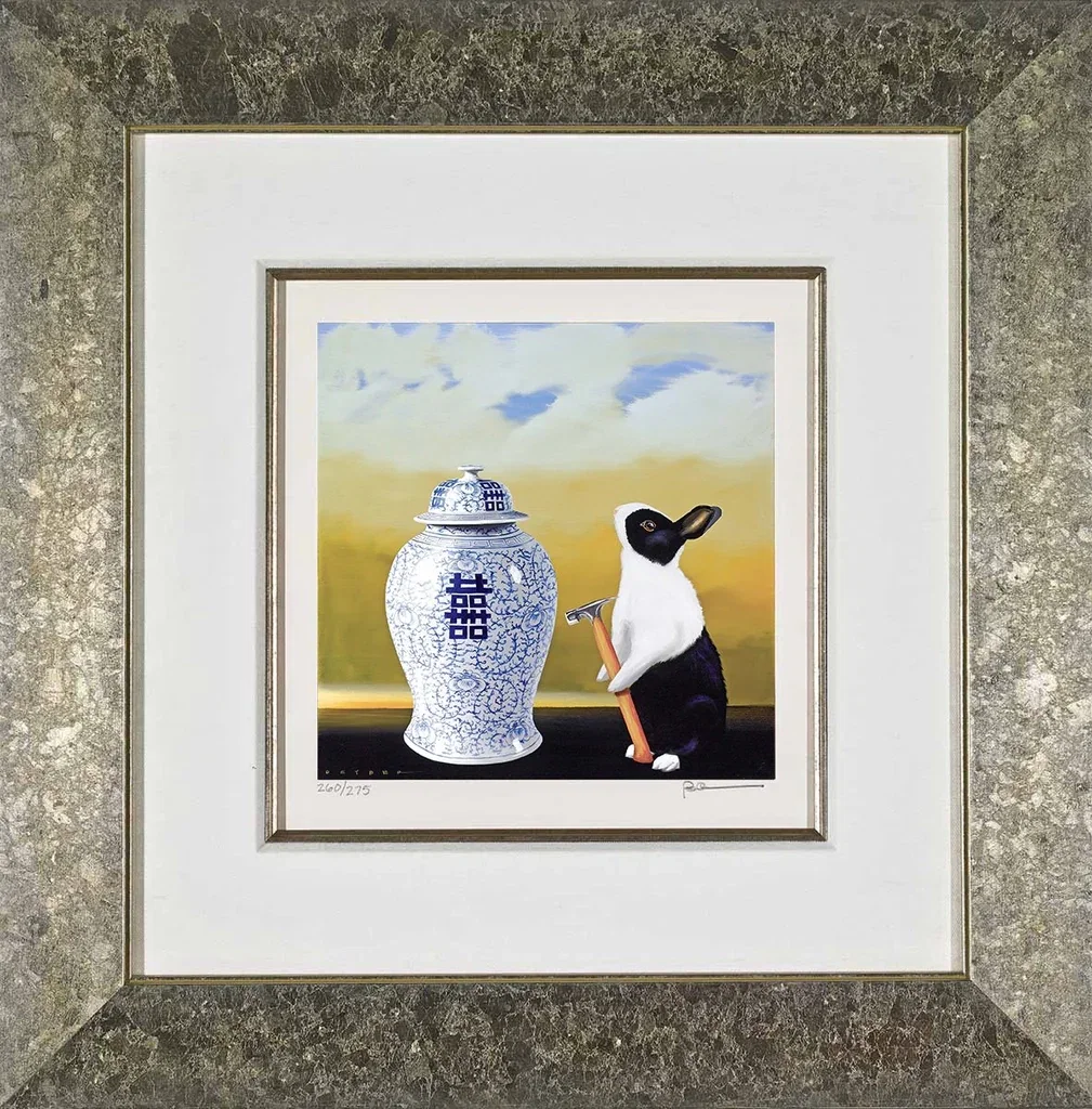 Bad Hare Day -Vase Framed by Robert Deyber — hand-crafted stone lithograph
