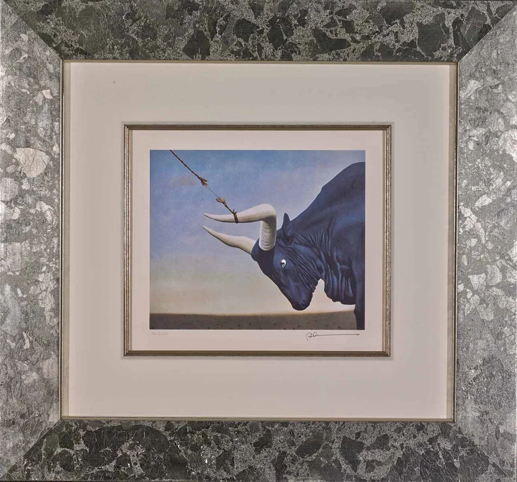 I've Got the Bull by the Horns Framed by Robert Deyber — hand-crafted stone lithograph