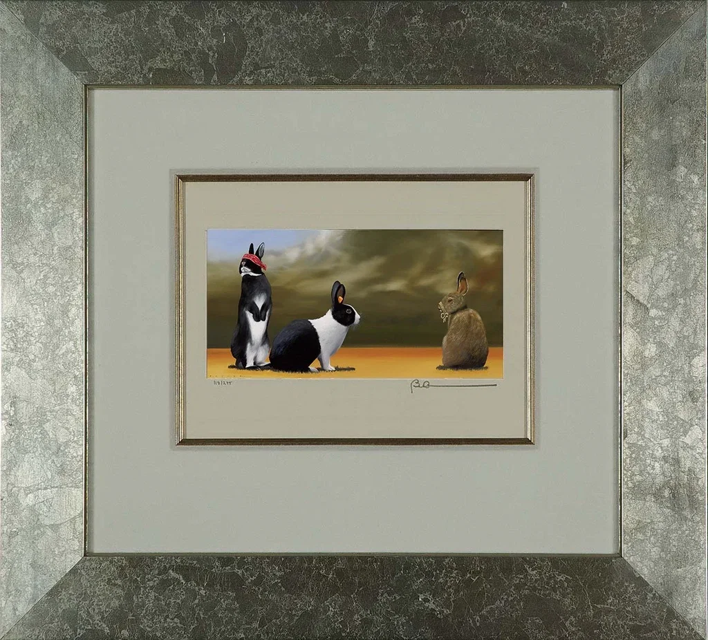 See No Evil, Hear No Evil, Speak No Evil - Hares Framed by Robert Deyber — hand-crafted stone lithograph