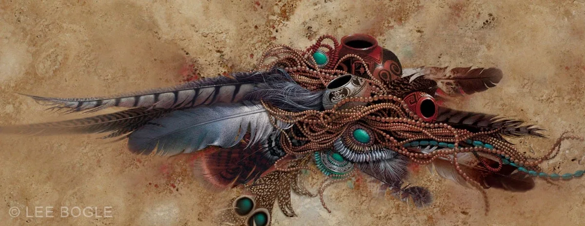 Feathers Beads And Pots by Lee Bogle — Giclee On Canvas