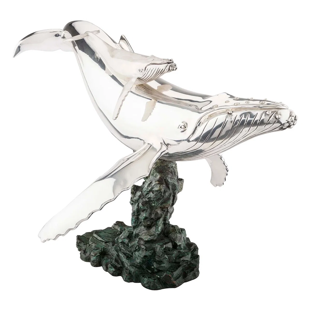 Silver Humpback Mother And Calf Whale Statue by Dargenta