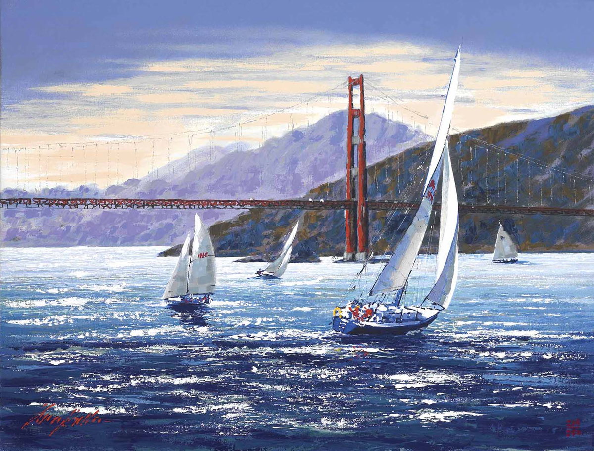 Golden Gate Sunset, 2001 by Kerry Hallam — hand-signed enhanced serigraph on canvas