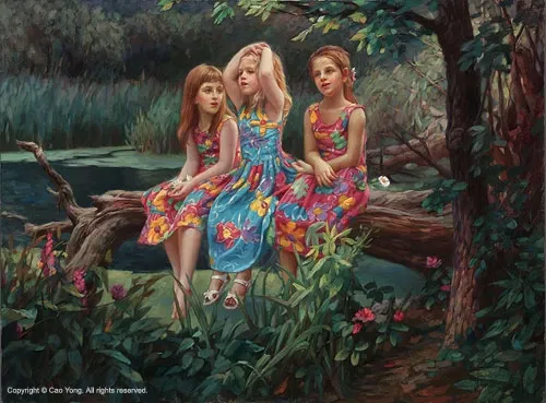 Friends Artist Proof by Cao Yong — Giclee On Canvas Artist Proof The Romantic Garden Series