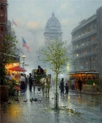 G Harvey - Market Street Trolleys Giclee On Canvas Signed And Numbered