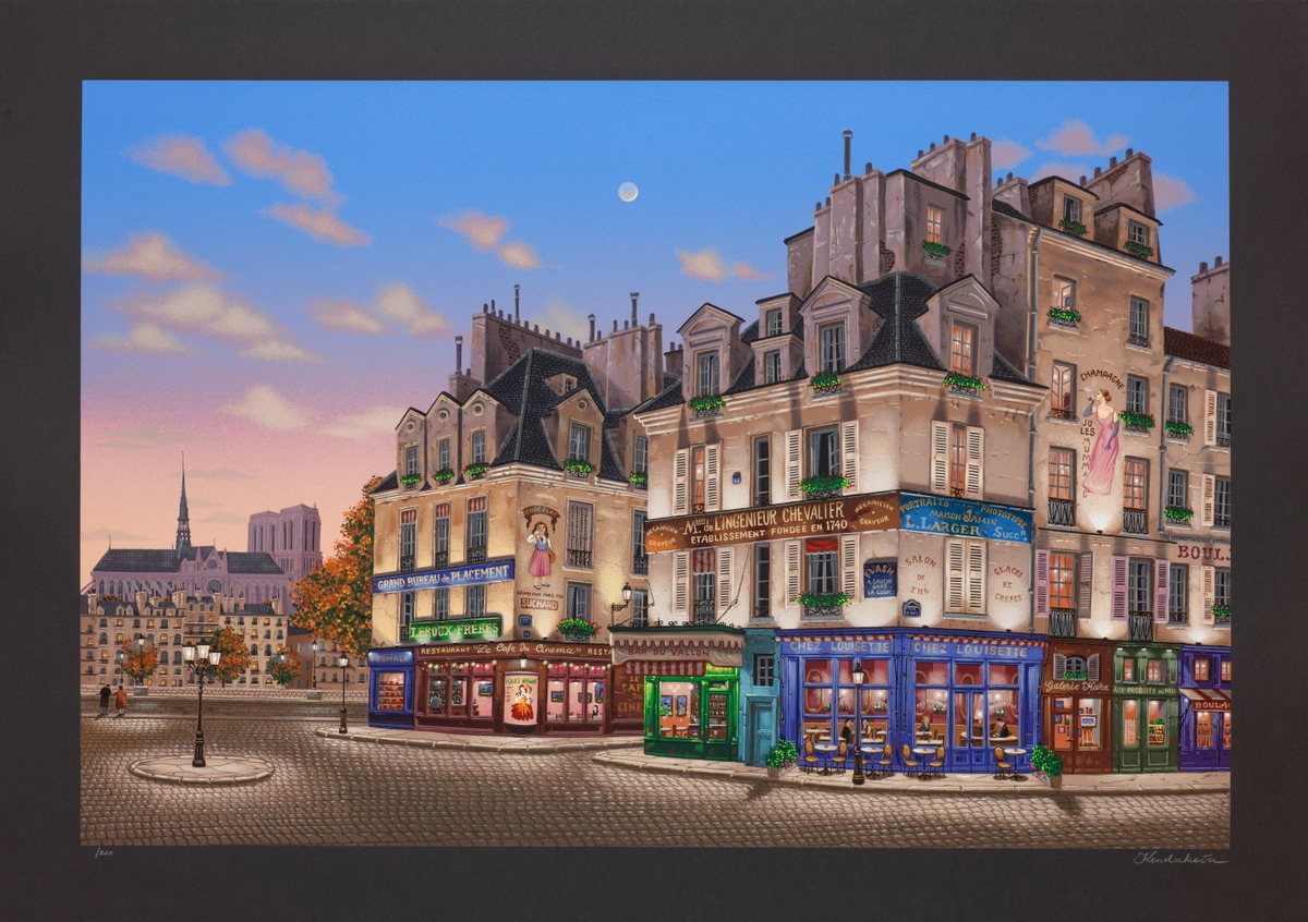 Notre Dame at Dawn, 1999 by Liudmila Kondakova — hand-signed serigraph on black paper