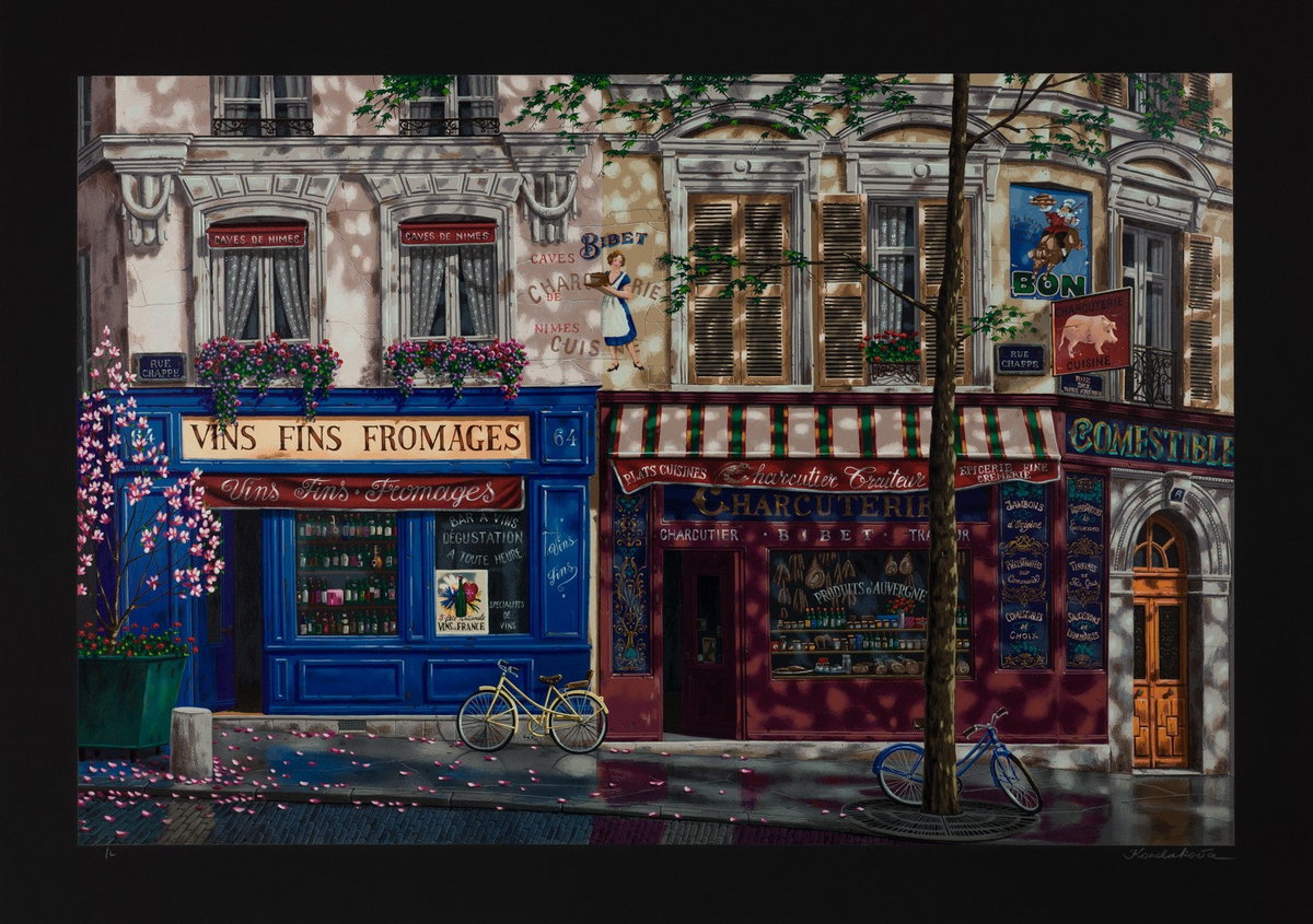 Les Marches Parisiens, 2002 by Liudmila Kondakova — hand-signed serigraph on black paper