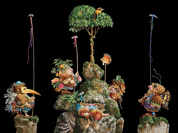 SIX BIRD HUNTERS IN FULL CAMOUFLAGE by James Christensen
