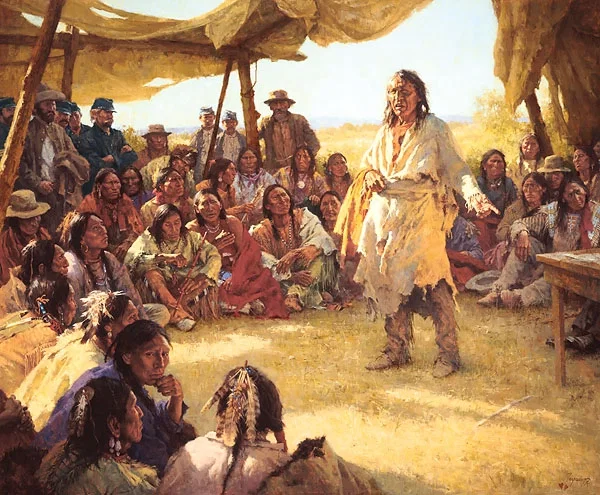 Paper That Talks Two Ways, The Treaty Signing Masterwork Canvas Edition) by Howard Terpning — Giclee On Canvas Artist Proof