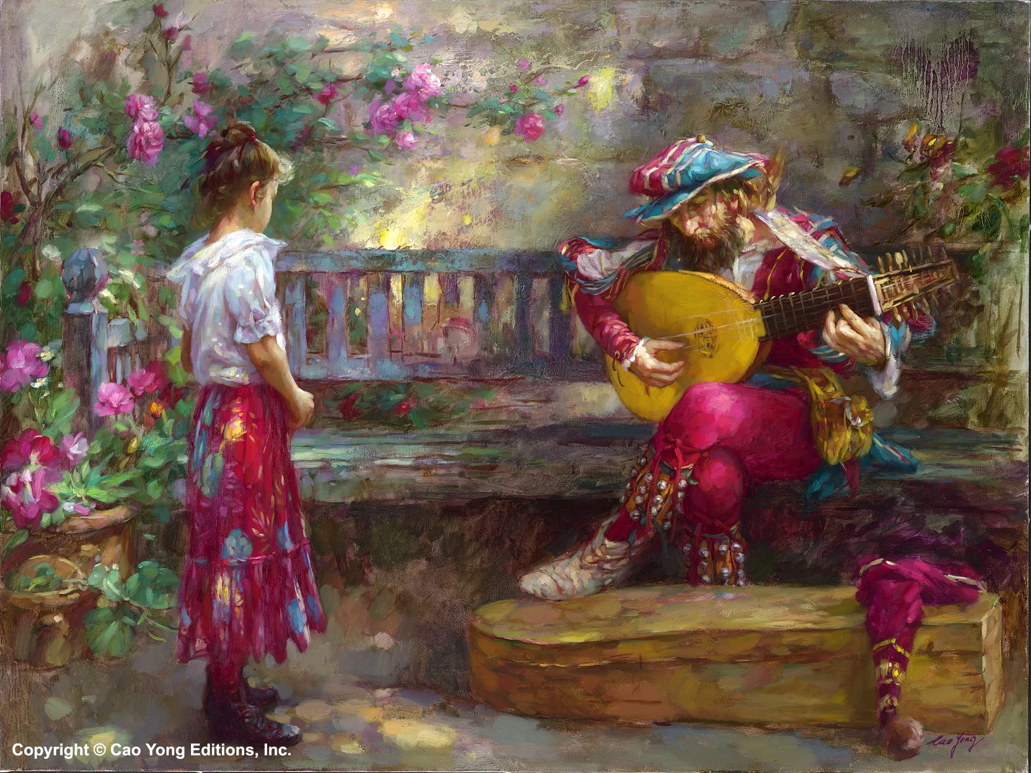 Girl With Musician by Cao Yong — Giclee On Canvas The Romantic Garden Series