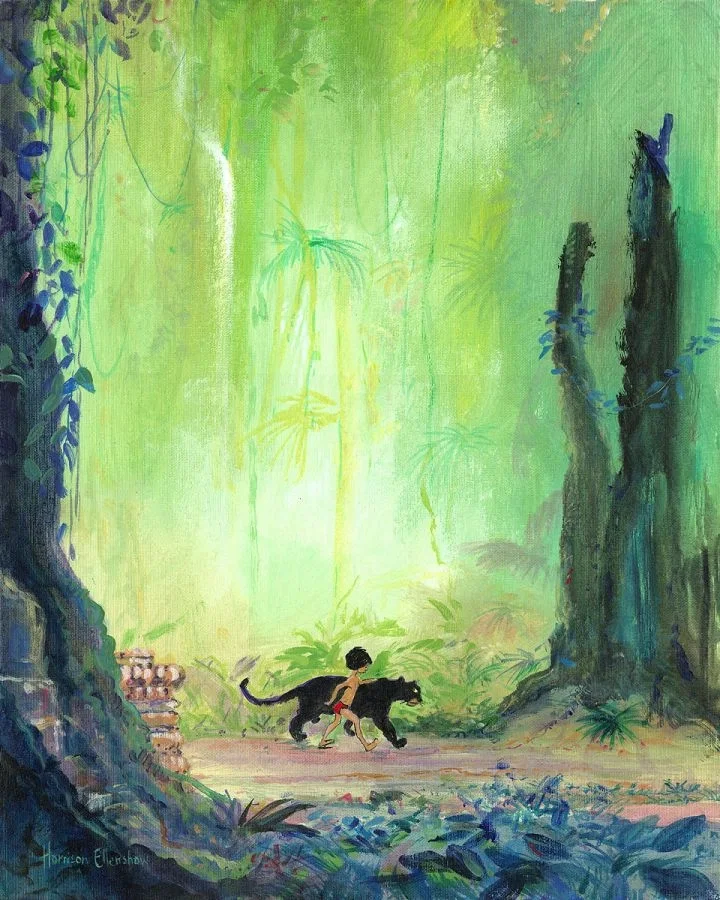 Mowgli and Bagheera - From Disney The Jungle Book by Harrison Ellenshaw — Hand-Embellished Giclee on Canvas