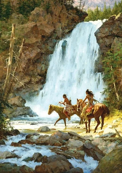 Crossing Below the Falls by Howard Terpning — Giclee On Canvas