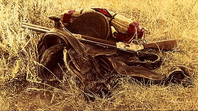 1880s Still Life of Saddle and Rifle SMALLWORK EDITION ON by James Bama