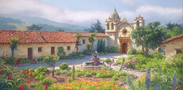 Little Old Mission by the Sea Circa 1940 by June Carey — Master Works Edition On Canvas