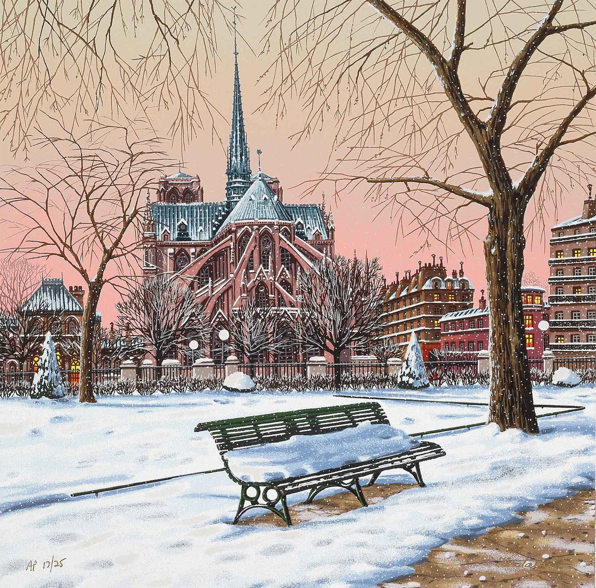 Notre Dame in Winter (Postcards from Paris), 2003 by Liudmila Kondakova — hand-signed serigraph on linen