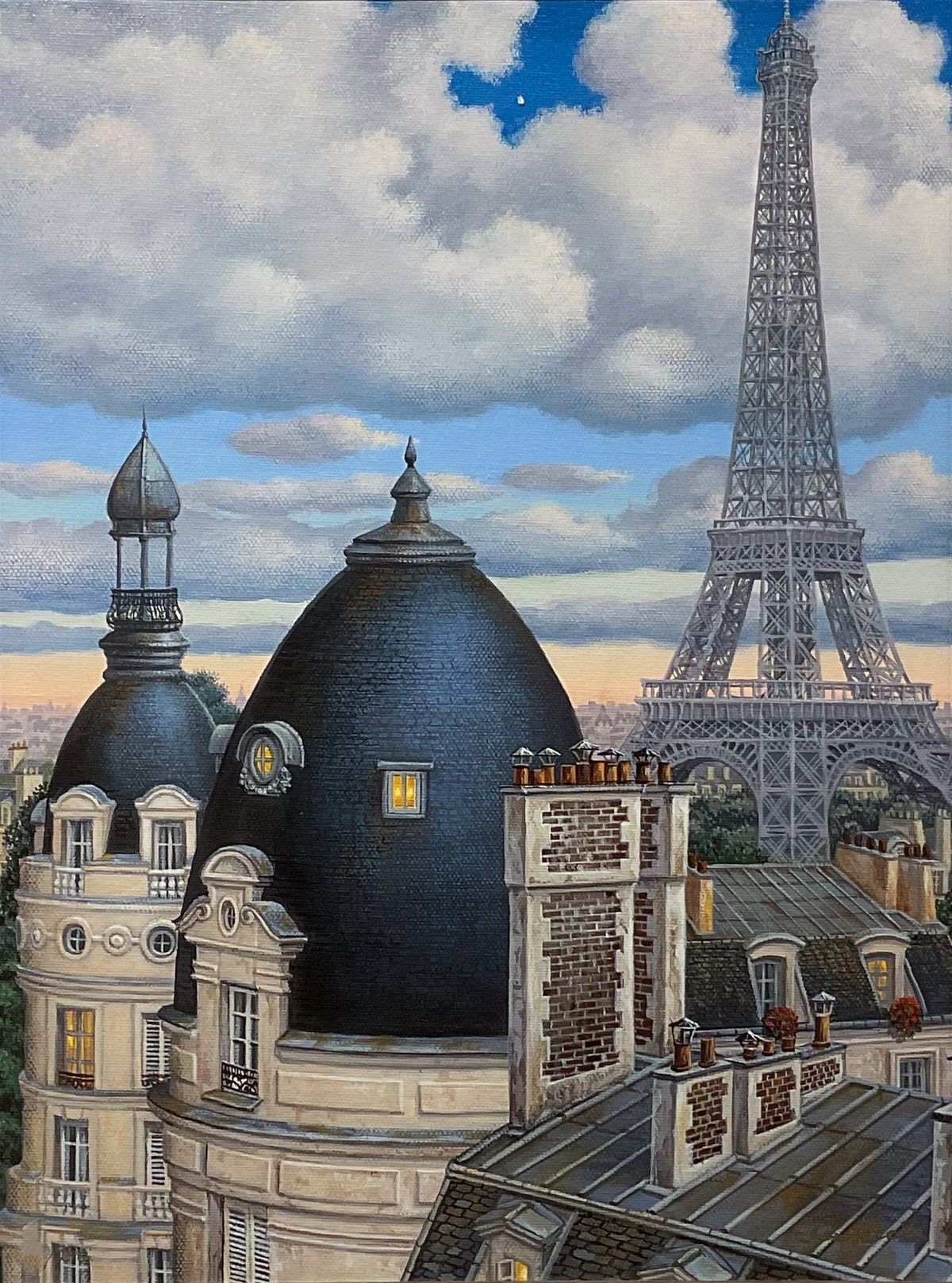 Rooftops with Eiffel Tower, 2018 by Liudmila Kondakova — hand-signed archival print with hand-made serigraph texture plates
