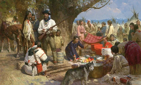 Trading with the Blackfeet, Montana Territory, 1860 by Z.S.  Liang — Giclee On Canvas