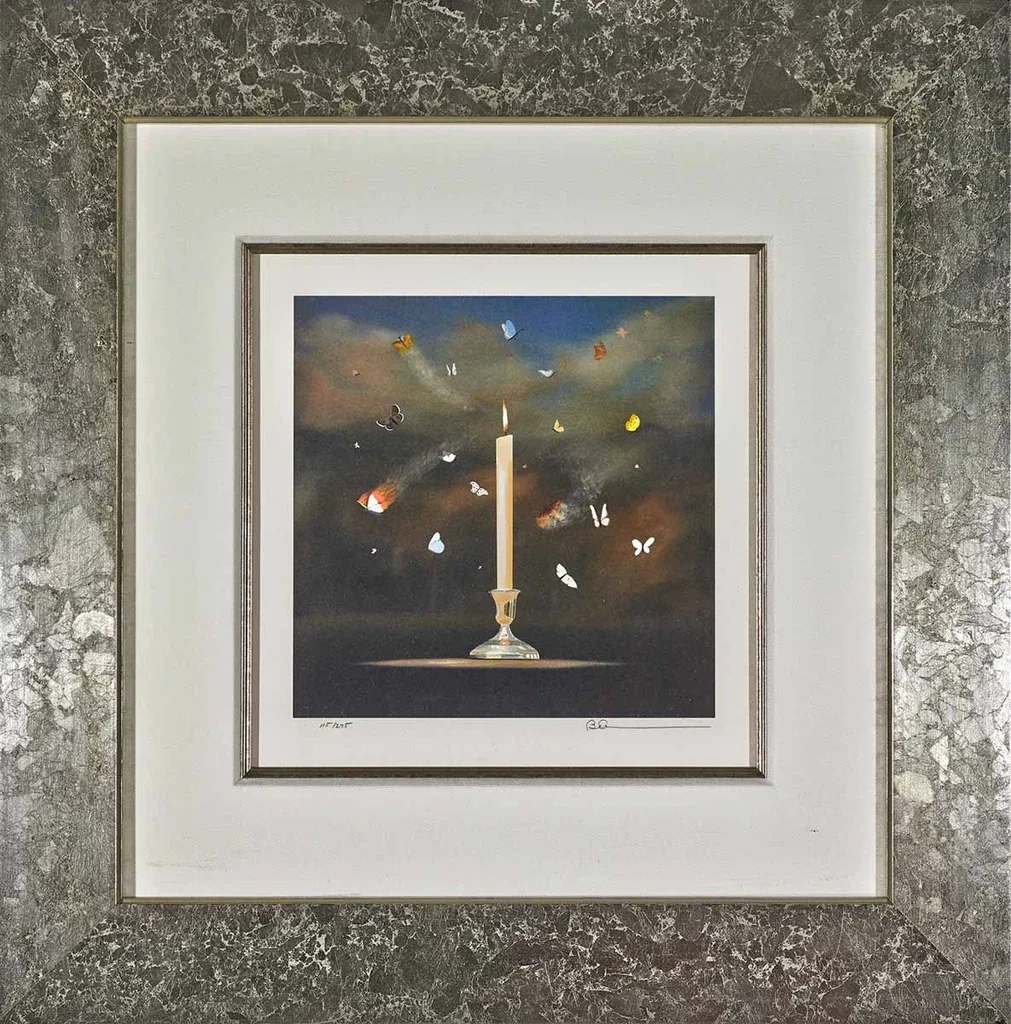 Like Moths To A Flame Framed by Robert Deyber — hand-crafted stone lithograph