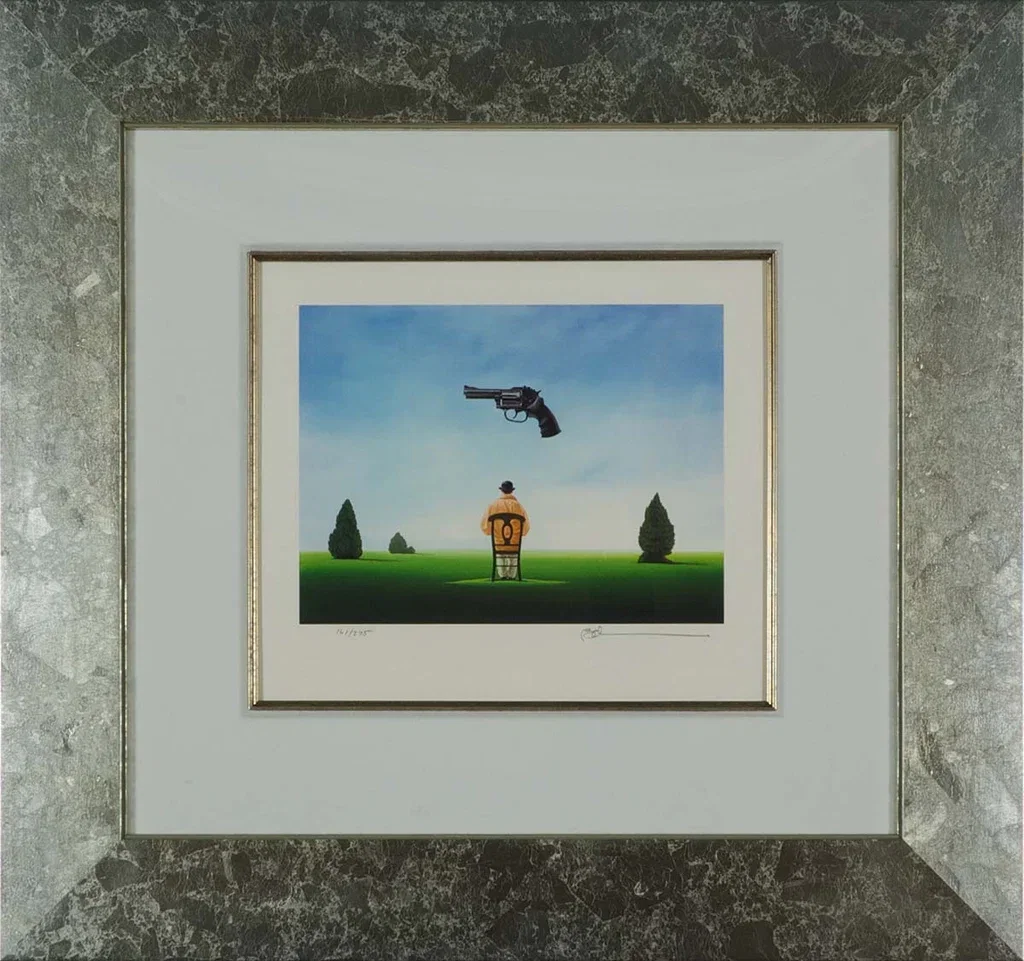 Under The Gun Framed by Robert Deyber — hand-crafted stone lithograph