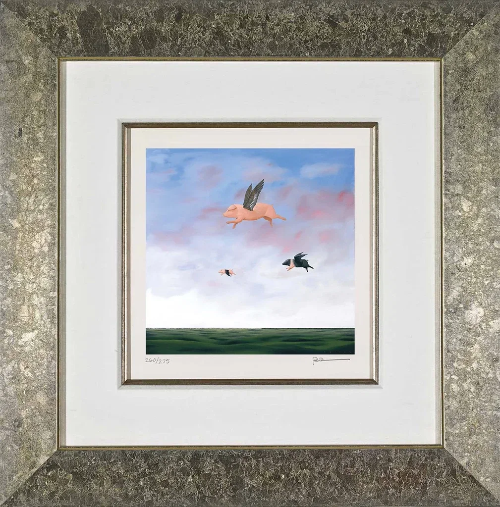 When Pigs Fly Framed by Robert Deyber — hand-crafted stone lithograph