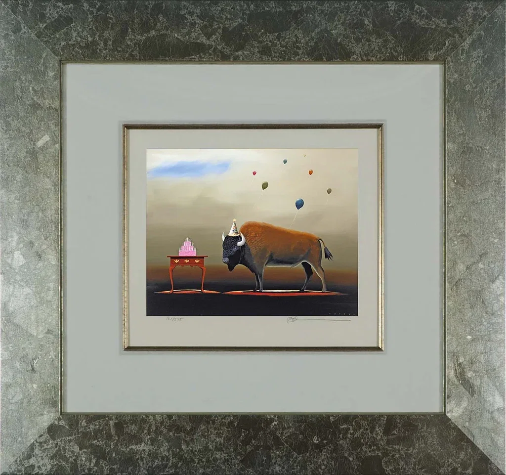 The Party Animal Buffalo Framed by Robert Deyber — hand-crafted stone lithograph