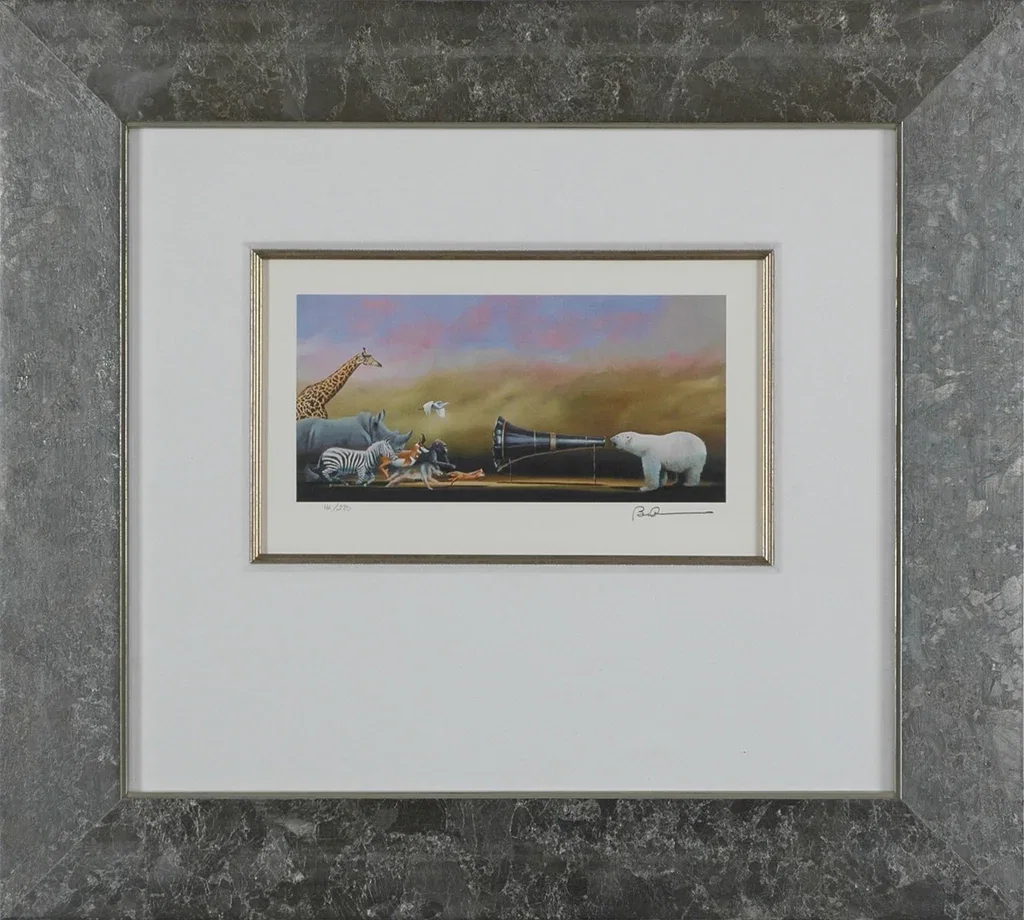 Call of the Wild Megaphone Framed by Robert Deyber — hand-crafted stone lithograph
