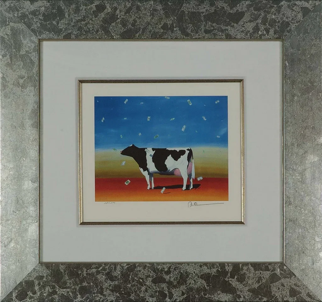 Cash Cow Framed by Robert Deyber — hand-crafted stone lithograph