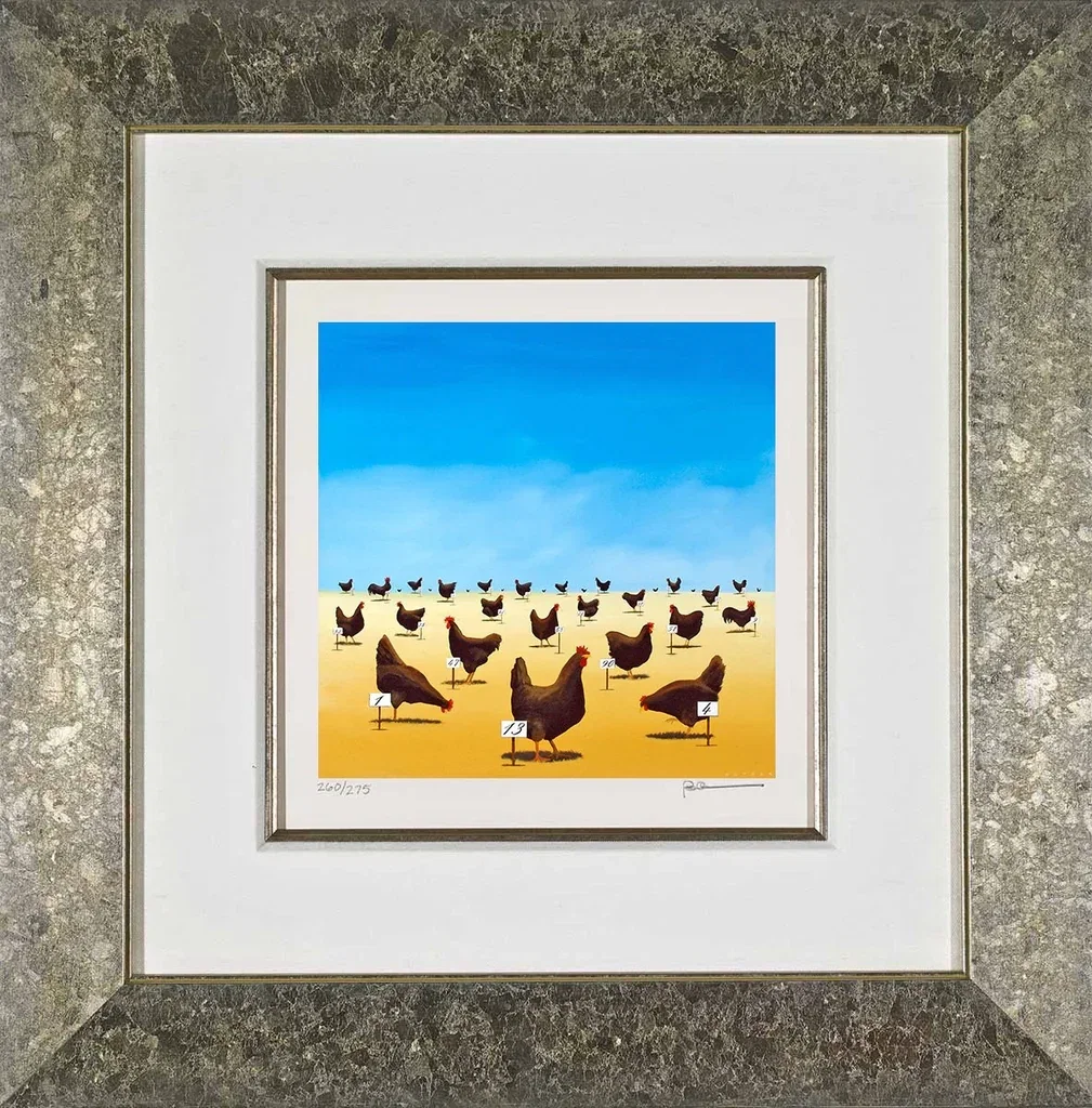 The Pecking Order Framed by Robert Deyber — hand-crafted stone lithograph