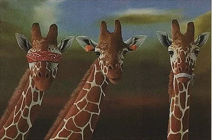 See No Evil, Hear No Evil, Speak No Evil Giraffes by Robert Deyber — hand-crafted stone lithograph