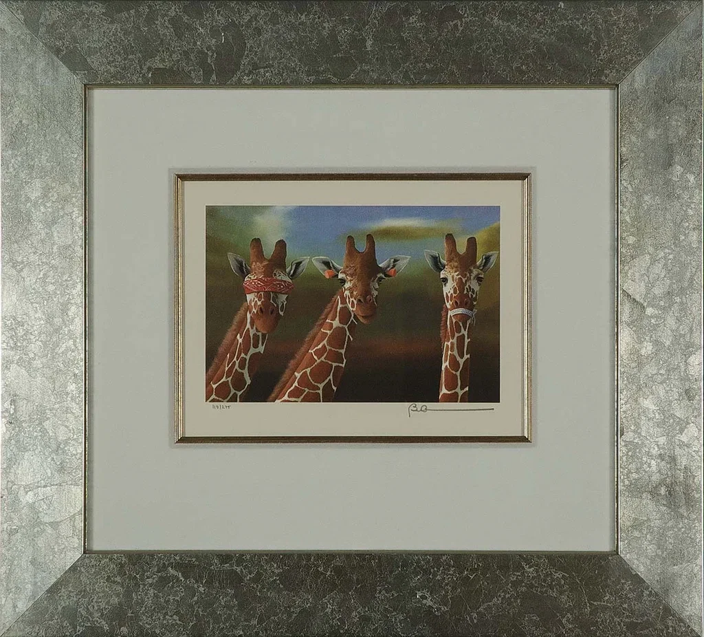See No Evil, Hear No Evil, Speak No Evil Giraffes Framed by Robert Deyber — hand-crafted stone lithograph