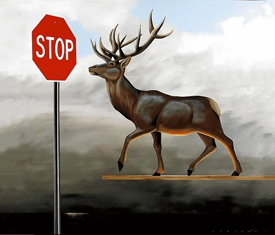 The Buck Stops Here Deer at Stop Sign by Robert Deyber — hand-crafted stone lithograph