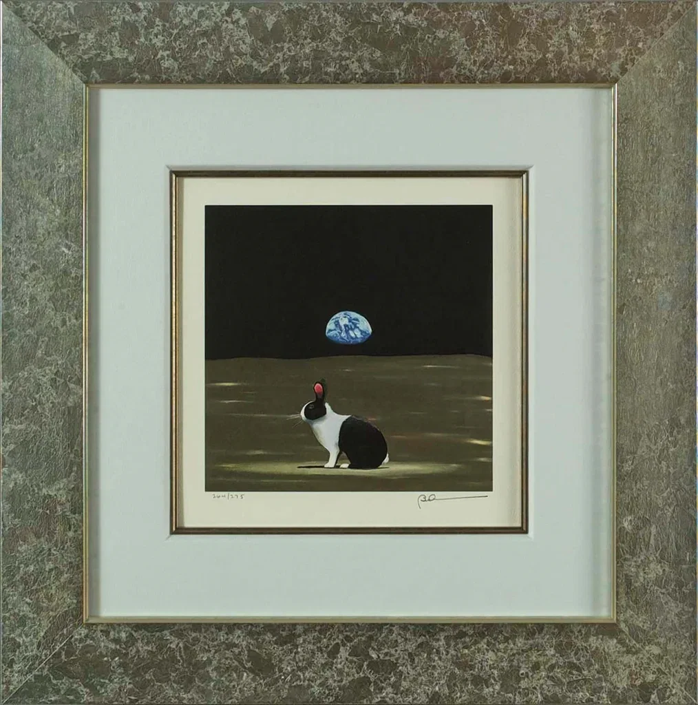 A Hare Out of Place I Outer-Space Framed by Robert Deyber — hand-crafted stone lithograph