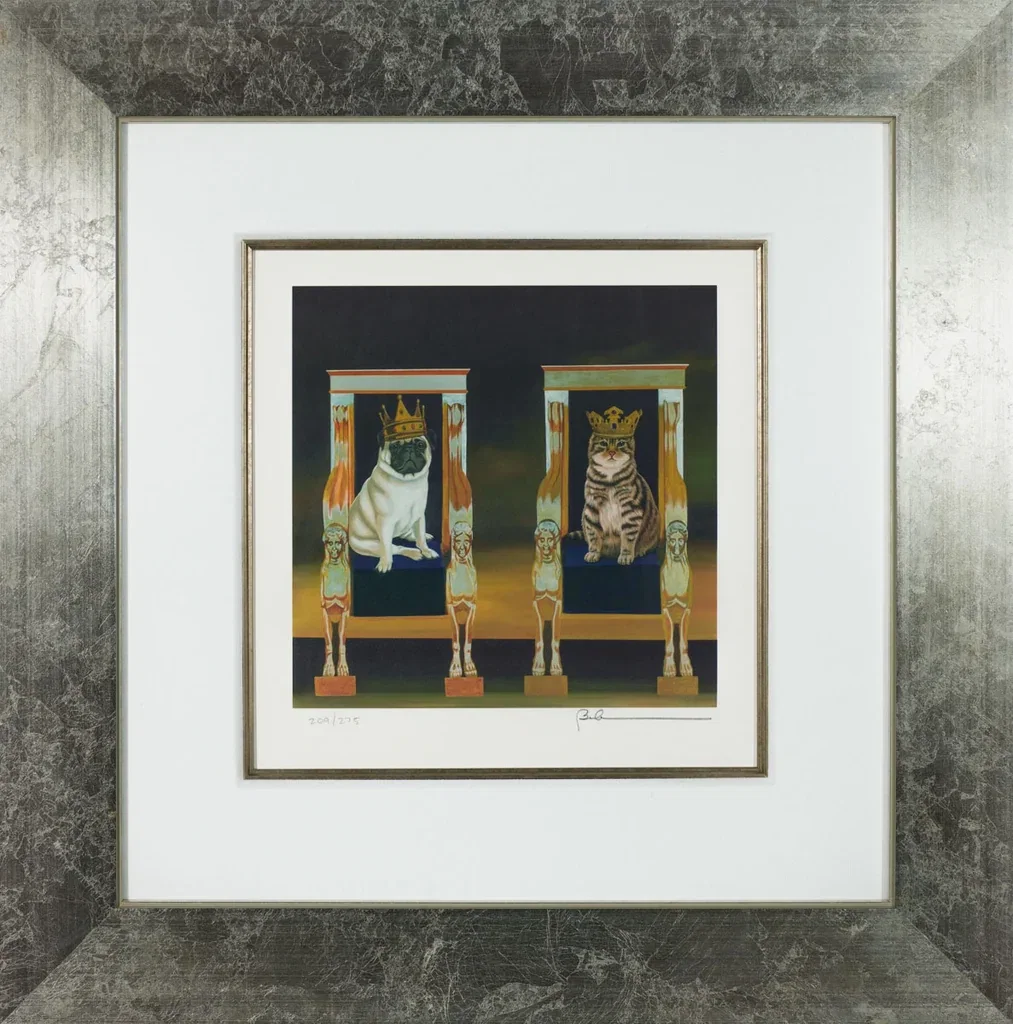 Reigning Cats and Dogs Framed by Robert Deyber — hand-crafted stone lithograph