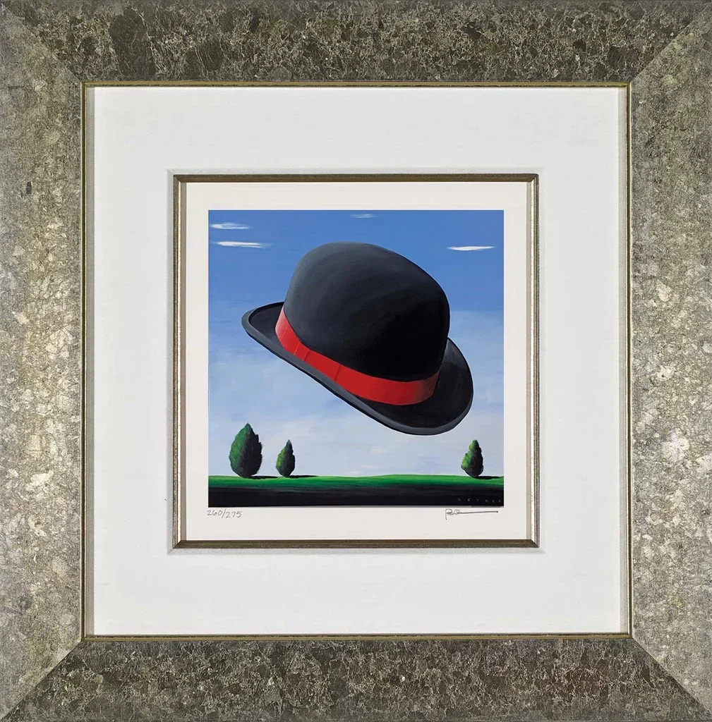 At The Drop Of A Hat Bowler Framed by Robert Deyber — hand-crafted stone lithograph
