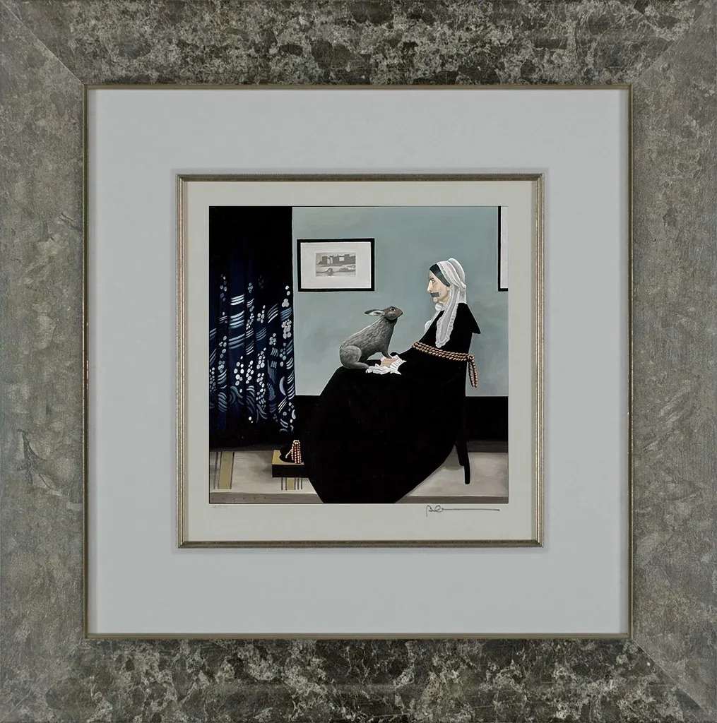 Bad Hare Day Whistler's Mother Framed by Robert Deyber — hand-crafted stone lithograph