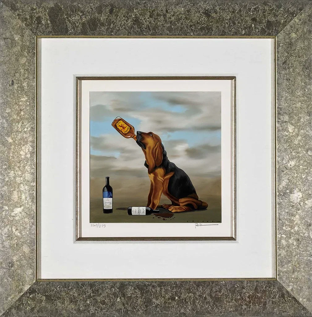 Booze Hound II Framed by Robert Deyber — hand-crafted stone lithograph