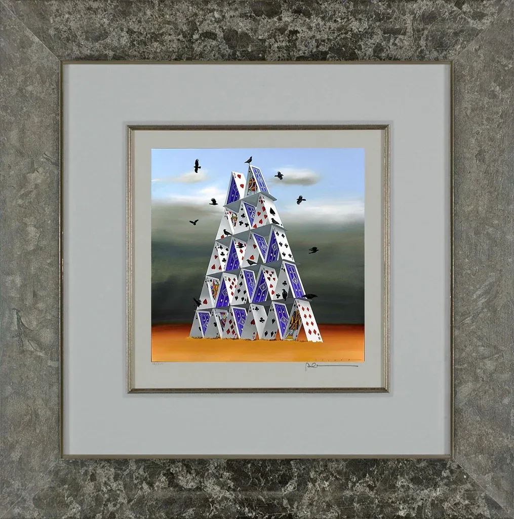 House of Cards Framed by Robert Deyber — hand-crafted stone lithograph