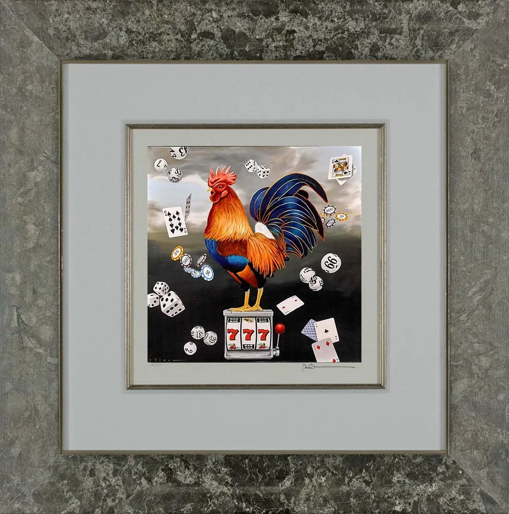 Game Cock Framed by Robert Deyber — hand-crafted stone lithograph